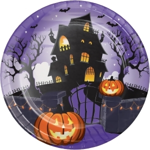 Pack of 96 Orange and Black Halloween Haunted House Themed Disposable Paper Plates 8.75 - All