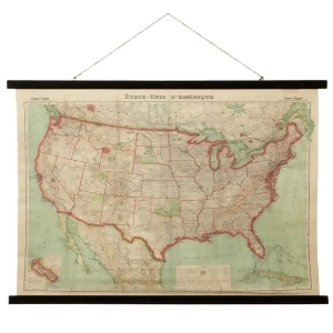 Set of 4 Multicolor Burlap Wooden Frame Usa Map Rolled Canvas Wall Handing Decor 41 - All