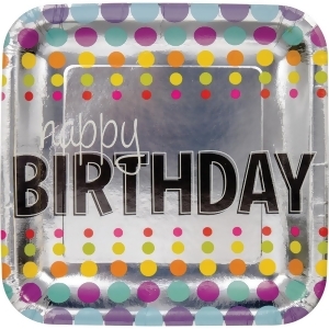Club Pack of 96 Happy Birthday Dotted Square Foil Dinner Party Plates 9 - All
