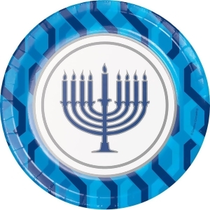 Club Pack of 96 White and Blue Menorah Hanukkah Disposable Luncheon Plates 7 - All