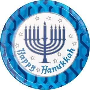 Club Pack of 96 White and Blue Menorah Hanukkah Disposable Luncheon Plates 8.75 - All