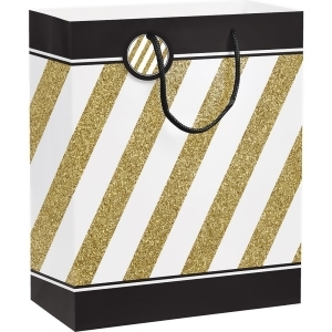Club Pack of 12 Black White and Glittering Gold Striped Gift Bags 12.5 - All
