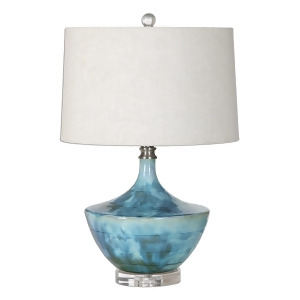 23 Subtle Green and Blue Glazed Table Lamp with Round Beige Drum Shade - All