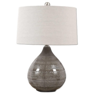 25 Smoky Gray Textured Pattern Table Lamp with Round Beige Drum Shade - All