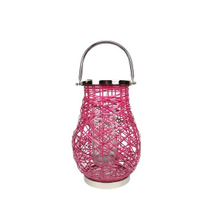 13.5 Modern Fuchsia Pink Decorative Woven Iron Pillar Candle Lantern with Glass Hurricane - All