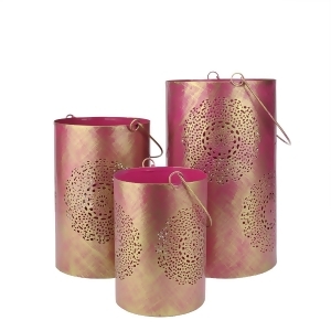 Set of 3 Fuchsia Pink and Gold Decorative Floral Cut-Out Pillar Candle Lanterns 10 - All