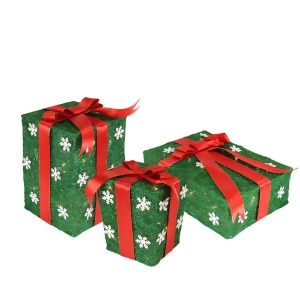 Set of 3 Green Snowflake Sisal Gift Boxes Lighted Christmas Outdoor Decorations - All