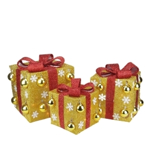 Set of 3 Gold Tinsel Gift Boxes with Red Bows Lighted Christmas Outdoor Decorations - All