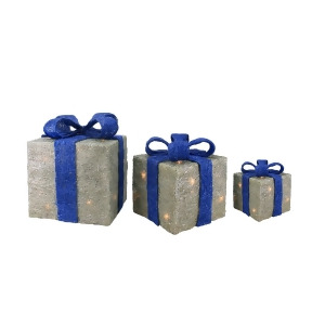 Set of 3 Lighted Silver with Blue Bows Sisal Gift Boxes Christmas Outdoor Decorations - All