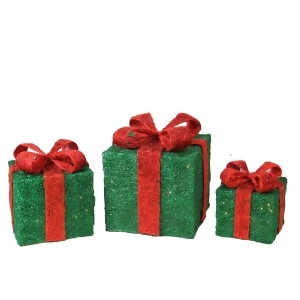 Set of 3 Lighted Sparkling Green Sisal Gift Boxes Christmas Outdoor Decorations - All
