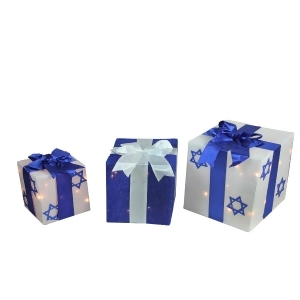 3-Piece Lighted White and Blue Hanukkah Gift Box Christmas Outdoor Decoration Set - All