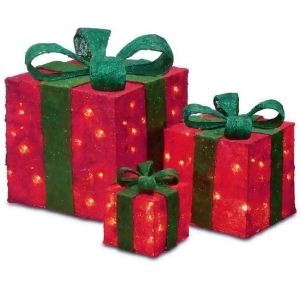 Set of 3 Sparkling Red Sisal Gift Boxes Lighted Christmas Outdoor Decorations - All