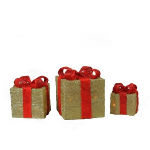 Set of 3 Lighted Sparkling Gold Sisal Gift Boxes Christmas Outdoor Decorations - All