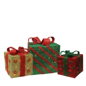 Set of 3 Lighted Sparkling Gold Green and Red Sisal Gift Boxes Christmas Outdoor Decorations - All