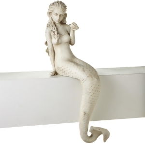 26.5 Beautiful Whitewash Smirking Mermaid Statue Holding Sea Shell Ledge Sitter - All