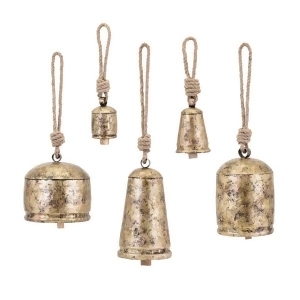 Set of 5 Distressed Gold and Black Temple Bells with Hanging Knotted Rope - All