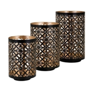 Set of 3 Matte Black and Gold Latticework Pierced Metal Pillar Candleholders 12.25 - All