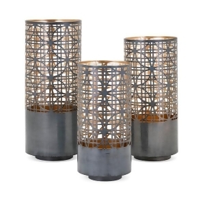 Set of 3 Weathered Gray and Gold Finished Latticework Pierced Metal Candleholders 15.75 - All