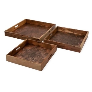 Set of 3 Copper Embossed Pattern Acacia Wood Decorative Nesting Trays - All