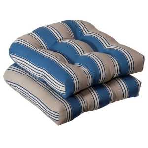 Set of 2 Outdoor Patio Wicker Chair Seat Cushions Blue and Tan Stripe - All