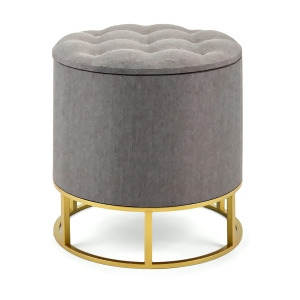 19 Gray Tufted Linen and Brass Finished Ottoman with Storage - All