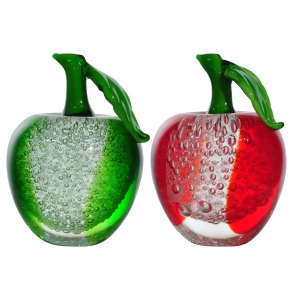 Set of 2 Red White and Green Apple Art Glass Sculptures 5.75 - All