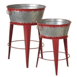 Set of 2 Distressed Red Decorative Round Bucket Plant Stands with Handles 27.25 - All
