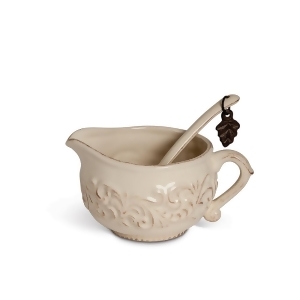 7.5 Ivory Acanthus Leaf Themed Distressed Finish Sauce Boat with Ladle - All