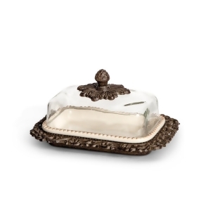 9 Cream White and Brown Butter Dish with Glass Dome on Scrolled Acanthus Leaf Tray - All