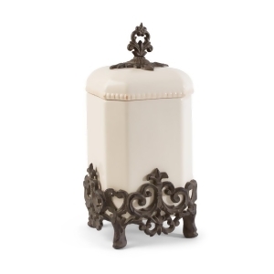 15 Cream White and Brown Vintage-Inspired Canister with Fleur-de-lis Metal Base - All