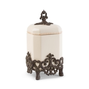 14 Cream White and Brown Vintage-Inspired Canister with Fleur-de-lis Metal Base - All