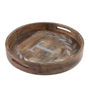 20 Rustic Brown Finish with Laurel Leaf Metal Inlay Monogram Round Tray - All
