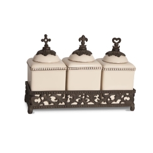 Set of 3 Cream White and Brown Acanthus Hope/Love/Faith Triple Jars with Metal Holder 12 - All