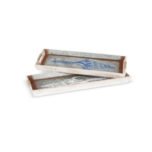 Set of 2 Gray and Brown White Washed Elongated Shell Trays with Rope Wrapped Handles 31.9 - All