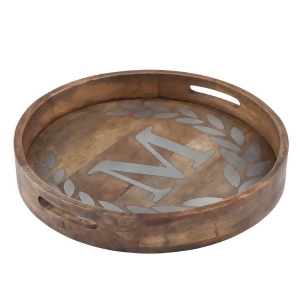 20 Rustic Brown Finish with Laurel Leaf Metal Inlay Monogram Round Tray - All