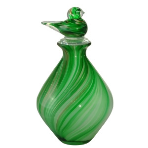 9.75 Green and White Swirled Hand Blown Art Glass Vase with Songbird Stopper - All