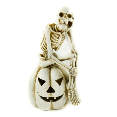 11 Ivory Skeleton Sitting On Pumpkin Lighted Halloween Decor From