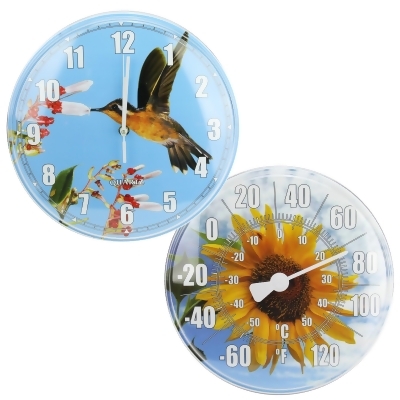 HydroTools Sunflower and Hummingbird Swimming Pool Thermometer and Wall Clock, 12-Inches 
