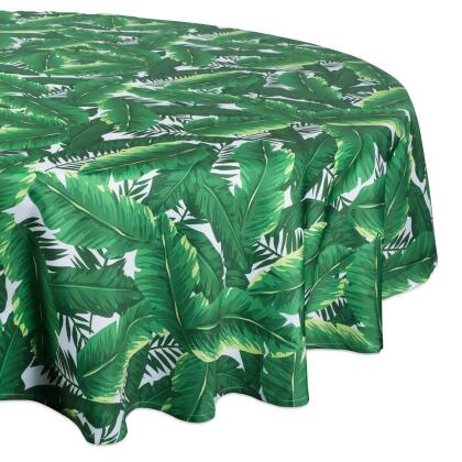 Green and White Banana Leaf Rounded Tablecloth 60” 