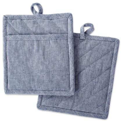 Set of 2 Blue Chambray Solid Patterned Potholders 9