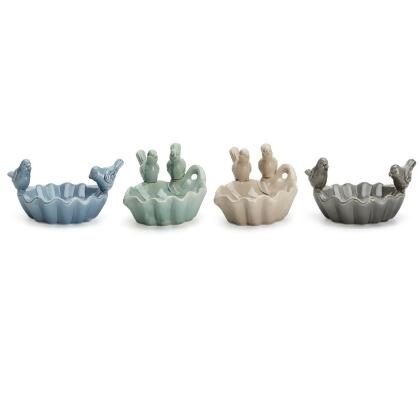 Set of 4 Blue and Brown Bowls with Songbirds Perched on the Edge 10
