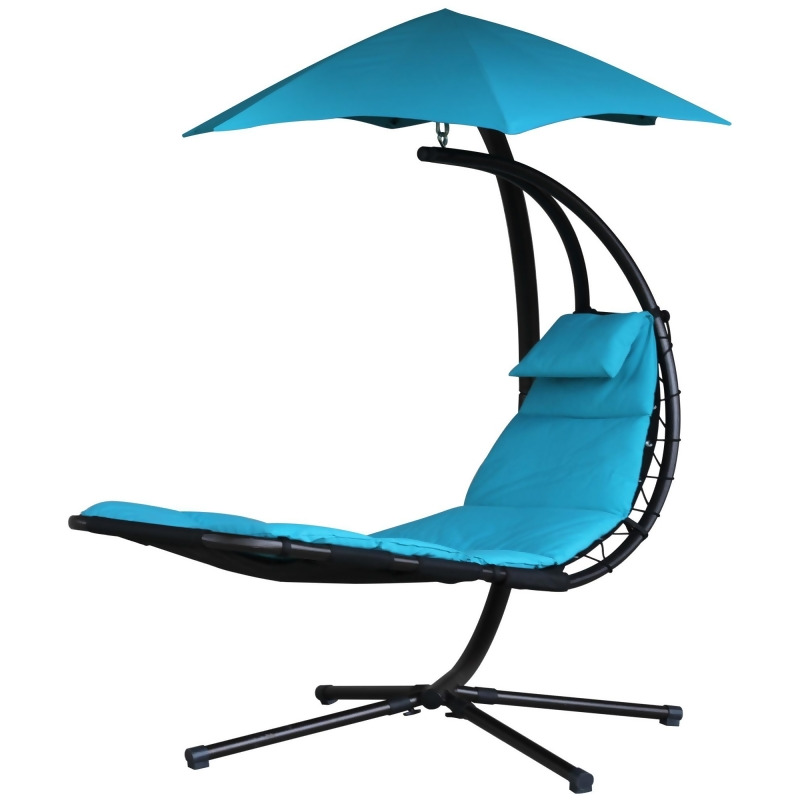 84” Blue Outdoor Lounge Chair with an Overhanging Umbrella from