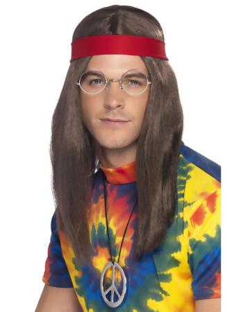 25 Brown and Red Hippie Men Adult Halloween Wig and Specs Costume Accessory - One Size at christmas.com