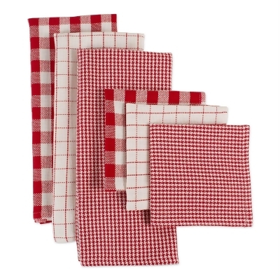 Set of 6 Crimson Red and White Checkered Dishtowel and Dishcloths 28