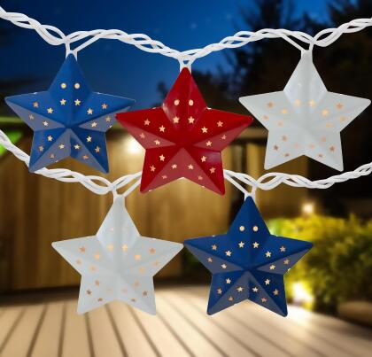 10-Count Red and Blue Fourth of July Star String Light Set, 7.25ft White Wire 