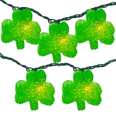10 Green Irish Shamrock St Patrick's Day String Lights - 7.25ft Green Wire 