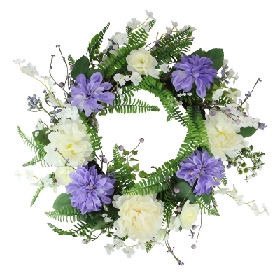 Daisy and Peony Foliage Twig Artificial Floral Wreath, Purple 22-Inch 