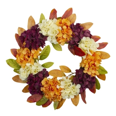 Hydrangeas and Leaves Twig Artificial Floral Wreath, Orange 20-Inch 