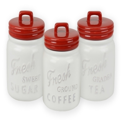 Set of 3 Classic Red Ceramic Jar Canisters 