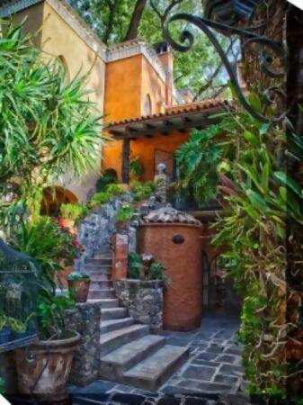 Green and Brown Casa Courtyard Garden Outdoor Canvas Rectangular Wall Art Decor 40